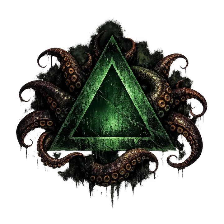 Dark green triangle sigil with writhing tentacles, mark of SCIENTIA MORS EST