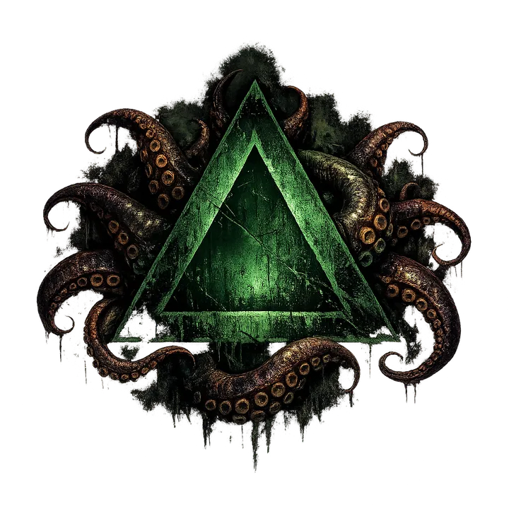 Dark green triangle sigil with writhing tentacles, mark of SCIENTIA MORS EST